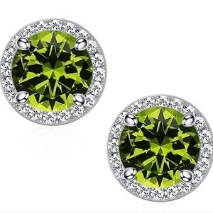 August 18k White Gold Peridot Birthstone Diamond Halo Stud Earrings S925 Gem